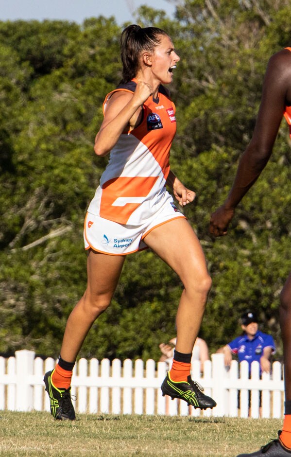 SLIDERHOME-AFLWPRACTICEWIN2019.png Aimee Schmidt celebrates one of her three goals against the Lions. - GWS Giants,AFLW,Brisbane Lions,Courtney Gum,Yvonne Bonner,Aimee Schmidt